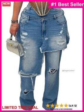 High Waisted Ripped Wide Leg Patchwork Boyfriend Jeans Polyester Spandex